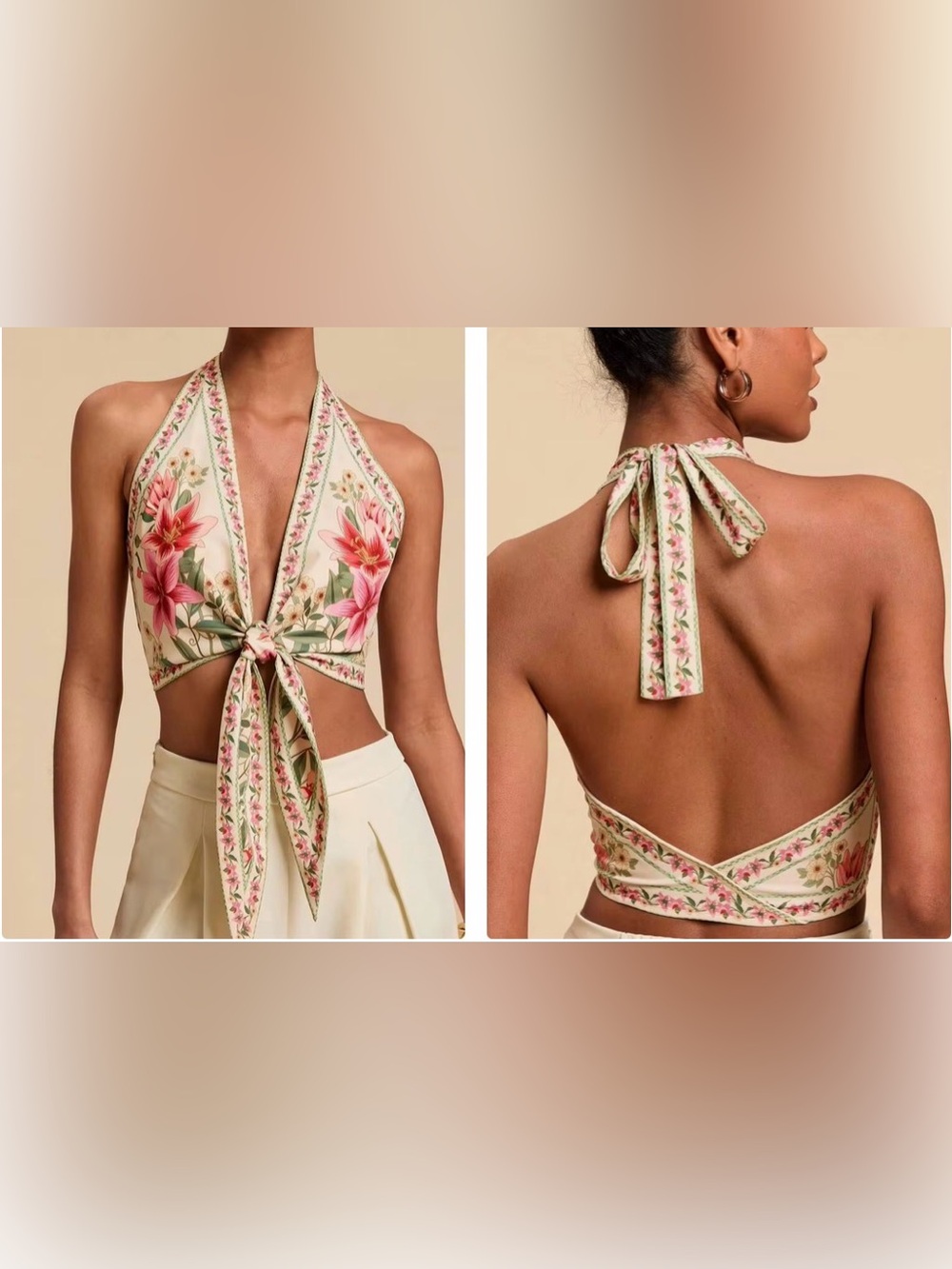 New! Floral Tie-Front Halter Top in Cream and Pink
